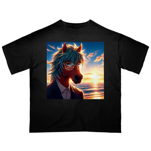 弁護士の馬、夕焼けの浜辺で自撮りする オーバーサイズTシャツ