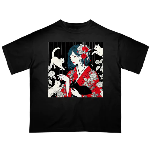 ネコ三昧（黒い空間・浮世絵風） Oversized T-Shirt