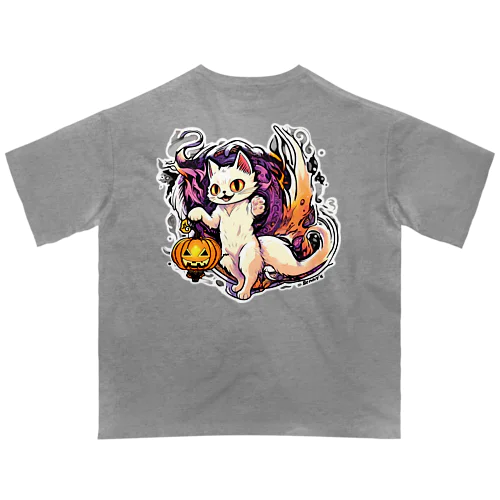 化け猫さん（白背景/背面）  オーバーサイズTシャツ