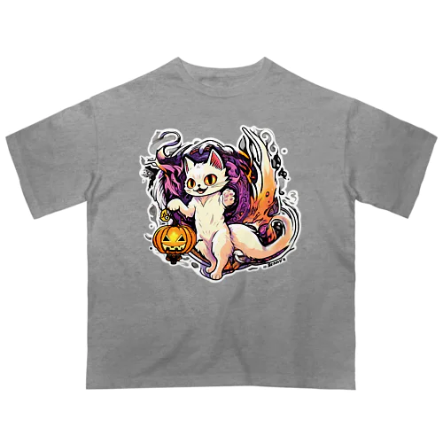 化け猫さん（白背景） オーバーサイズTシャツ