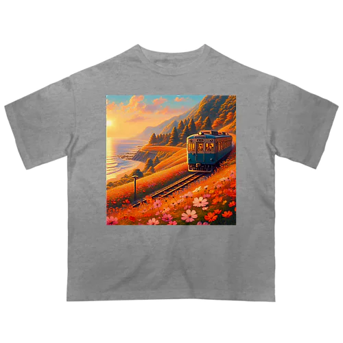秋の夕焼けと列車 Oversized T-Shirt