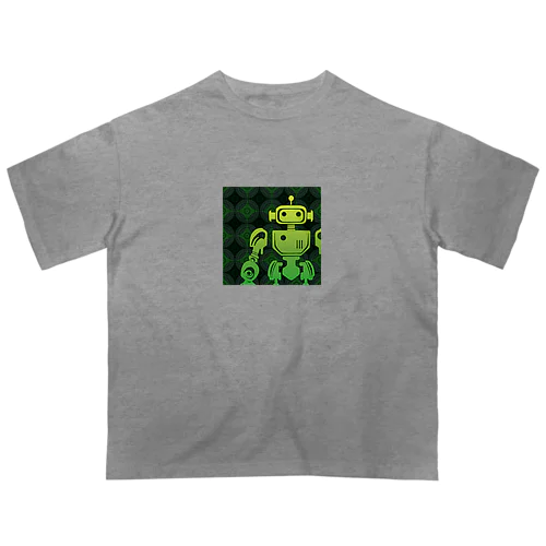 緑のぐるぐる模様とレトロなロボットのシルエット オーバーサイズTシャツ
