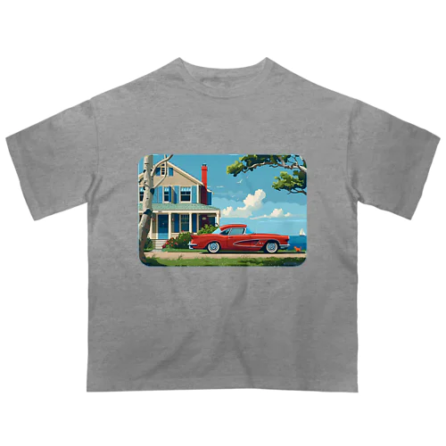 赤いコルベットと海辺の家　－　red corvette and seaside house　－ オーバーサイズTシャツ