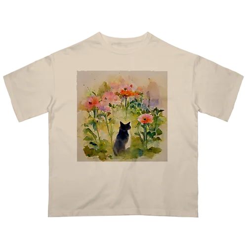 花畑に迷い込む猫 オーバーサイズTシャツ