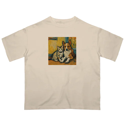 ゴッホが描いたような仲良しの猫と犬 Oversized T-Shirt