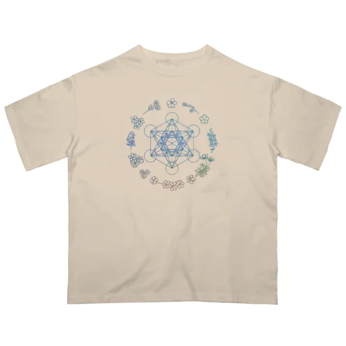 メタトロンキューブ神聖幾何学と優しいパステルカラーの花のリース オーバーサイズTシャツ
