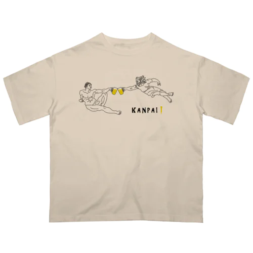 名画 × BEER（ミケランジェロ）黒線画 オーバーサイズTシャツ