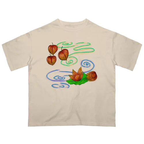 ホオズキ 水紋背景（和柄） オーバーサイズTシャツ