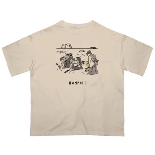 名画 × BEER（落穂拾い）黒線画 Oversized T-Shirt