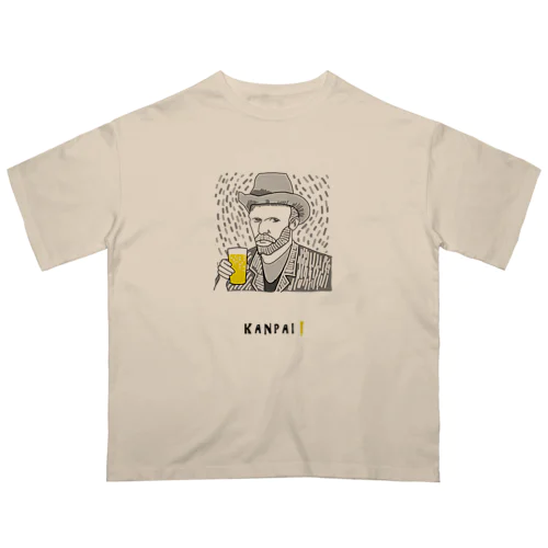 名画 × BEER（ゴッホ自画像）黒線画 Oversized T-Shirt