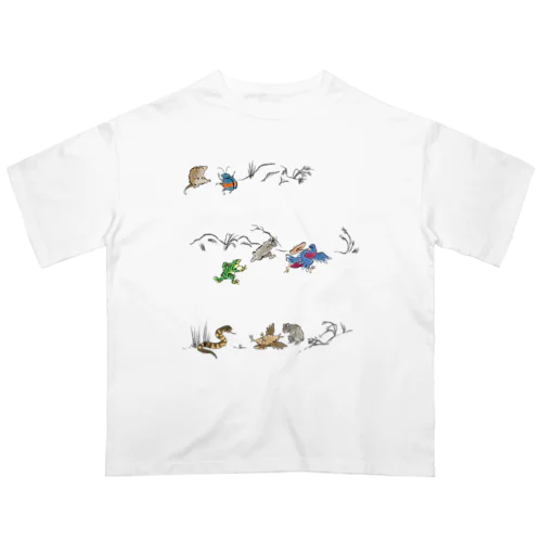 鳥獣戯画風奄美生物 オーバーサイズTシャツ