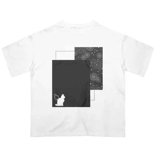 羽ねこさん(和柄/灰色) オーバーサイズTシャツ