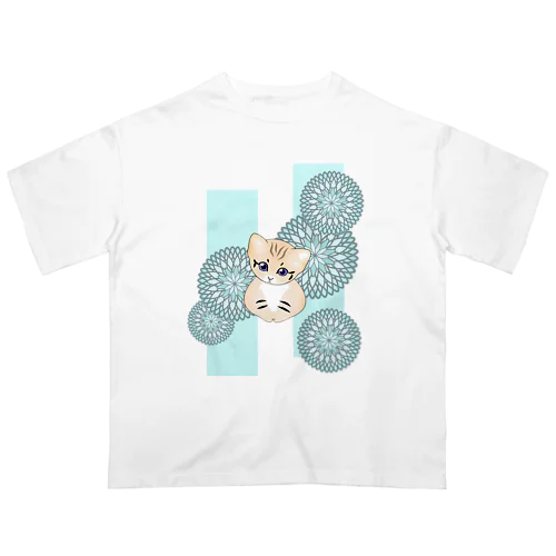 砂漠にいそうな猫さん(和柄/菊/水色) オーバーサイズTシャツ