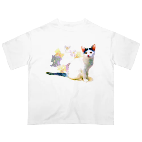 白黒猫お花カラーA オーバーサイズTシャツ