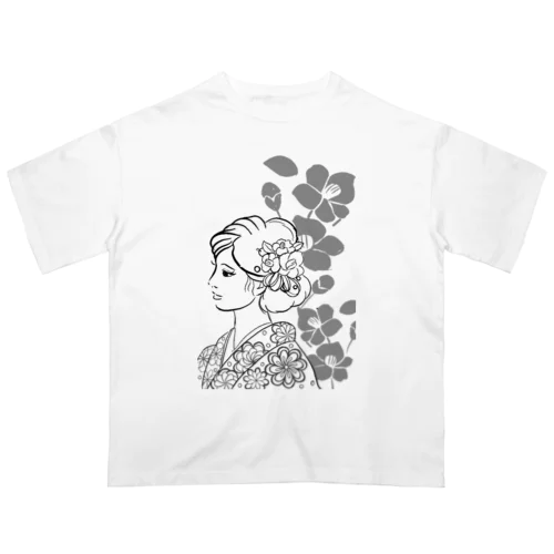 Wabisabiー椿(モノクロ) オーバーサイズTシャツ