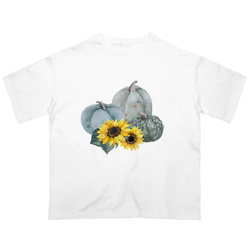 Gray Pumpkins and Sunflowers  灰色 の カボチャ と ひまわり オーバーサイズTシャツ