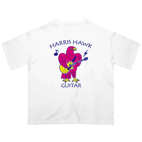 ハリスホーク・ギター・鷲・鷹・ピンク・音楽・モモアカノスリ・なつく・ペット・狩り・Harris Hawk・イラスト・Guitar・絵・鳩よけ・鳥・猛禽・タカ目タカ科・オリジナル作品(C) オーバーサイズTシャツ