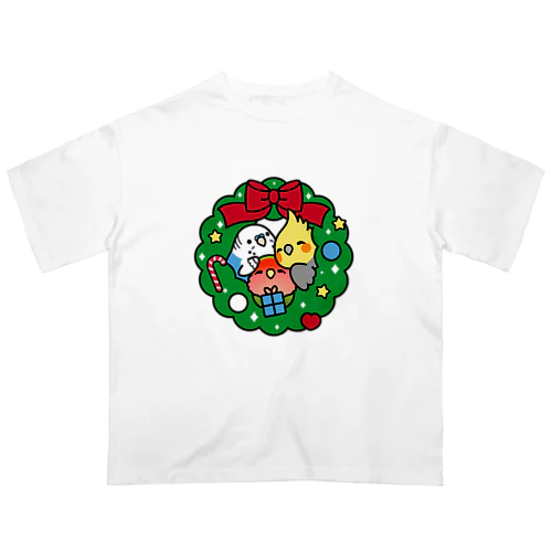 クリスマスリース　セキセイインコ、オカメインコ、コザクラインコ　Chubby Bird オーバーサイズTシャツ