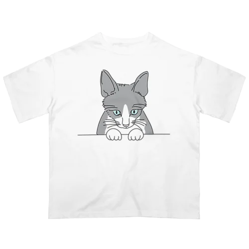 ひょっこり顔出し猫　グレーシロ Oversized T-Shirt