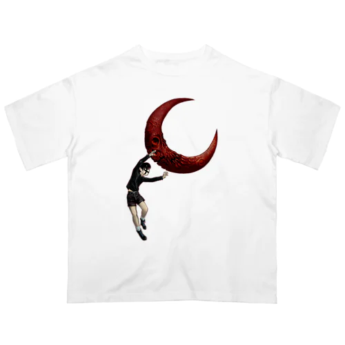 月を投げる黒い少年（赤ライン） オーバーサイズTシャツ