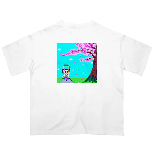 01ドット絵　ruruちゃん/三輪車でお散歩　お花見編 オーバーサイズTシャツ