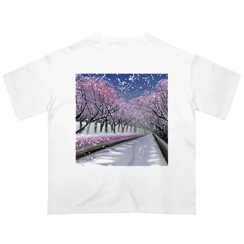 夜の桜並木に雪 オーバーサイズTシャツ