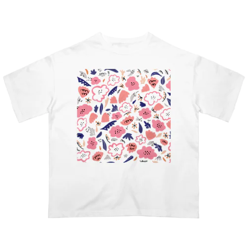 抽象的な手描きの花柄 オーバーサイズTシャツ