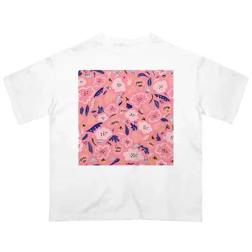 抽象的な手描きの花柄（ピンク） Oversized T-Shirt