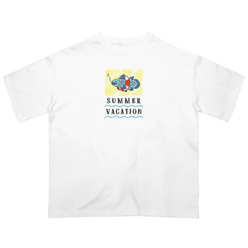 夏休みなシーラカンス(背景黄色の夏の海） オーバーサイズTシャツ