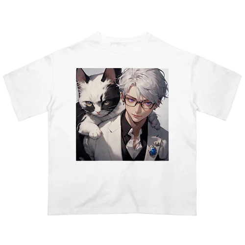 大型猫とメガネ男子 オーバーサイズTシャツ