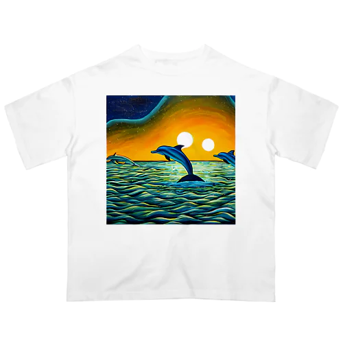 夕焼けの海とイルカ達 Oversized T-Shirt