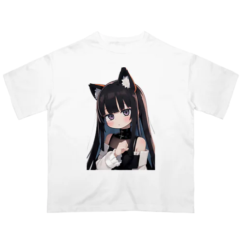 長い黒髪の愛らしい獣耳の少女 オーバーサイズTシャツ