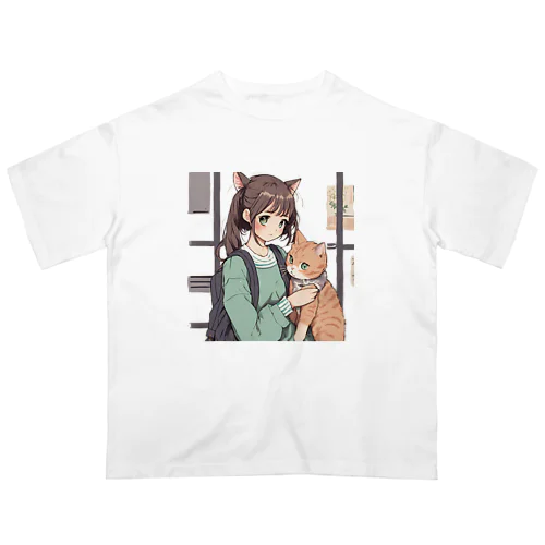 ネコミミの女の子とネコ オーバーサイズTシャツ