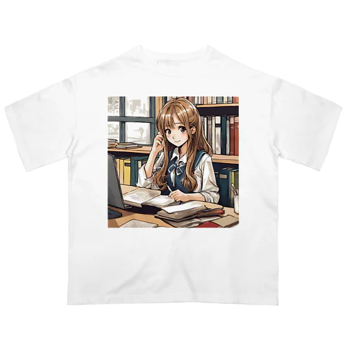 文学少女　勉強する女子高生 オーバーサイズTシャツ