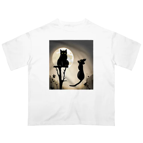 月夜が背景のクールな猫！ Oversized T-Shirt