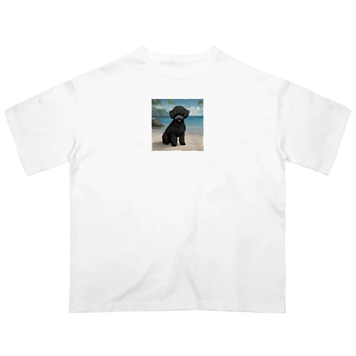 黒いトイプードルと海 オーバーサイズTシャツ