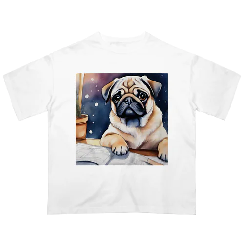 水彩子犬　パグ オーバーサイズTシャツ