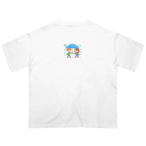 雨と子供のシンプルなカラーイラスト オーバーサイズTシャツ
