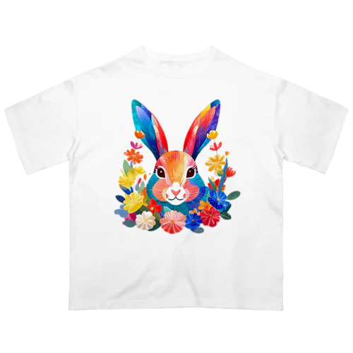 花とウサギ オーバーサイズTシャツ