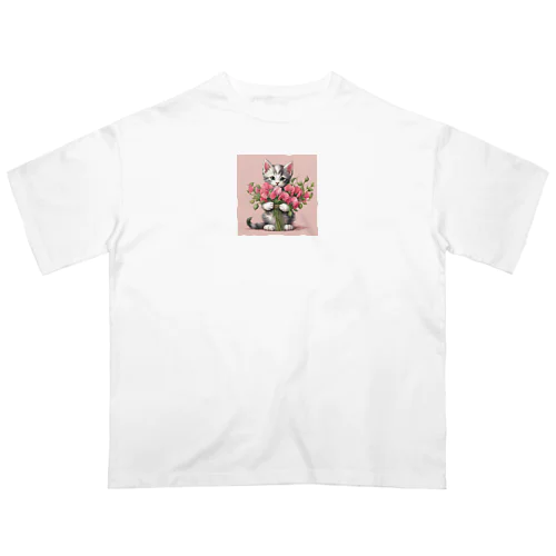 スイートピーと猫　1月の誕生花 オーバーサイズTシャツ