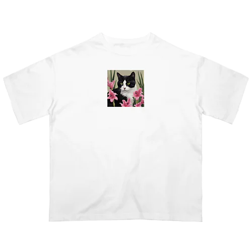 ハチワレ白黒猫とクレマチス オーバーサイズTシャツ