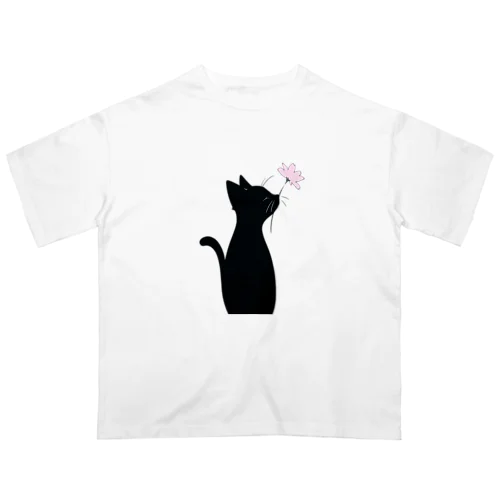 Crypto Batches#27黒猫とピンクのお花 Oversized T-Shirt