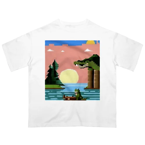 ドット絵のワニと湖畔の月 オーバーサイズTシャツ