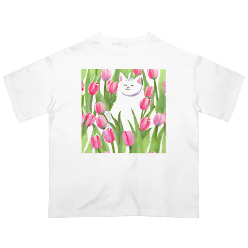 チューリップと白猫ちゃん オーバーサイズTシャツ