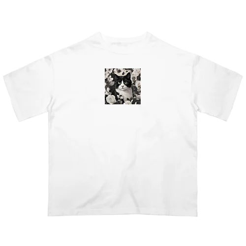 ハチワレ白黒猫とジャスミン オーバーサイズTシャツ