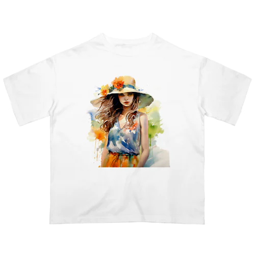 Lovely Flower-Hat Girl in Nature オーバーサイズTシャツ