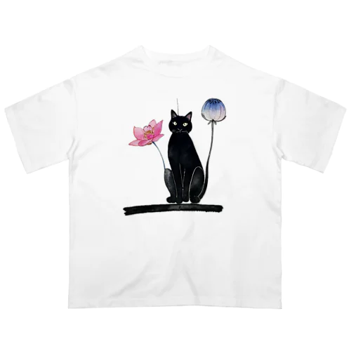 黒猫と花 オーバーサイズTシャツ