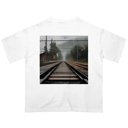 風景　森　山　踏切　看板　信号機　電車　鉄道 オーバーサイズTシャツ