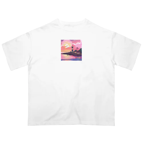 夕焼けに染まる離島の灯台 オーバーサイズTシャツ