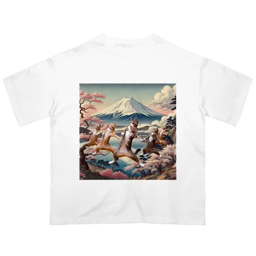 富士山とダンス猫 オーバーサイズTシャツ